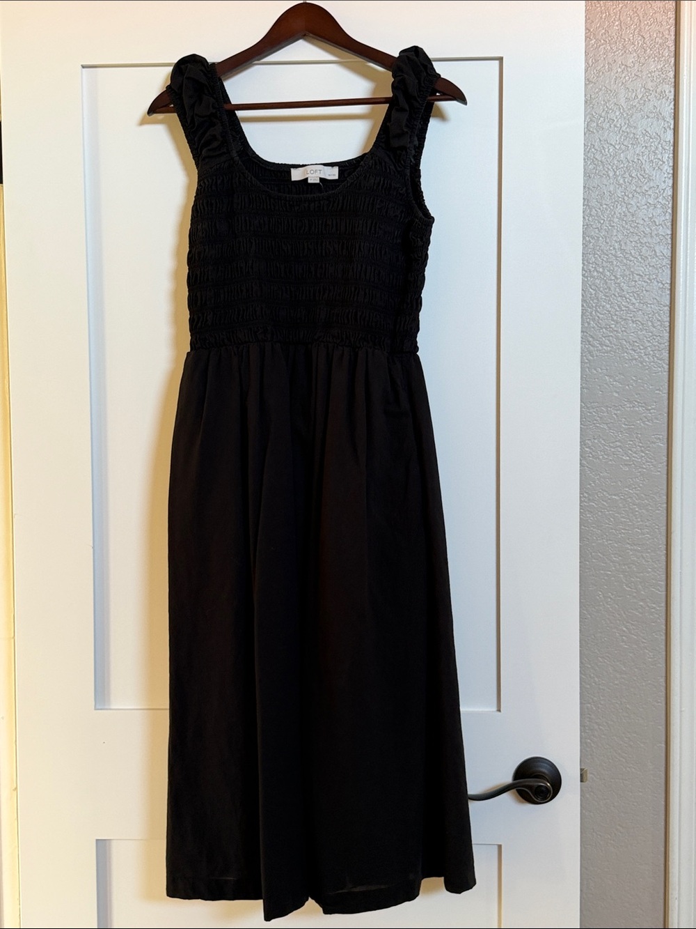 LOFT Black Smocked Midi Dress with Ruffle Straps